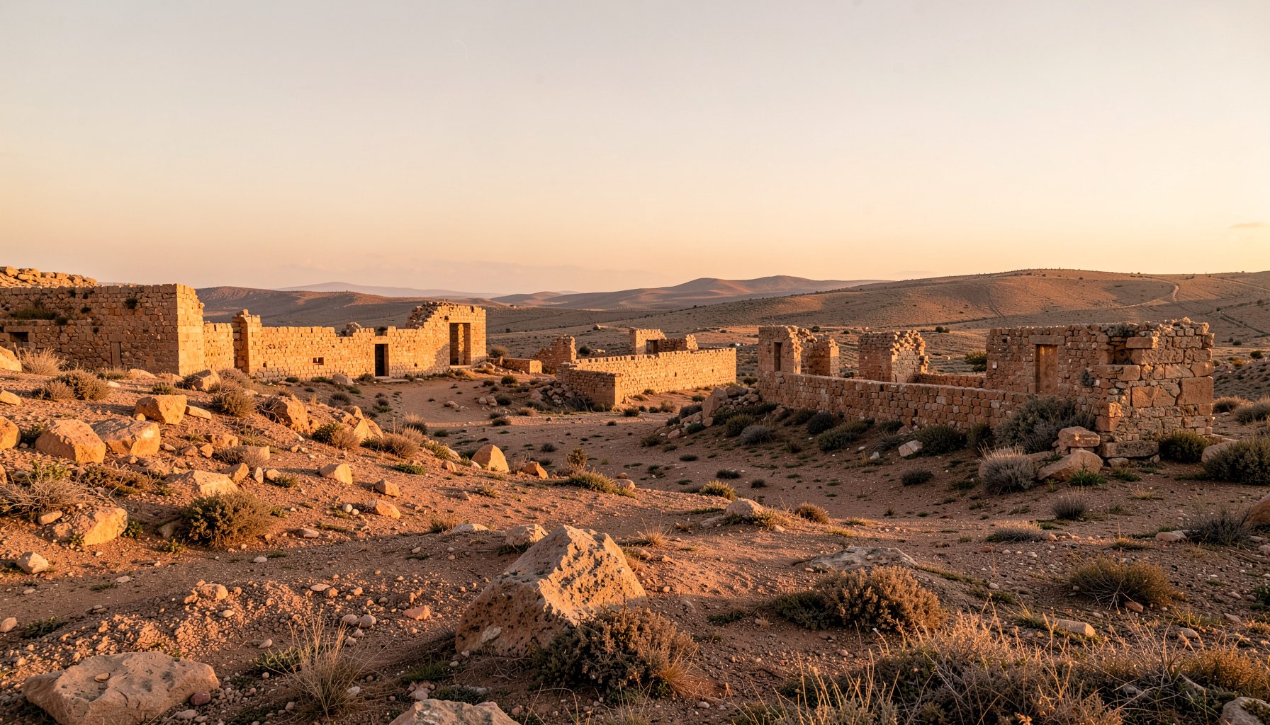 A wide-angle view of the Harran landscape at golden hour, in warm earthen terracotta and sand tones, with ancient stone structures giving a calm, timeless mood