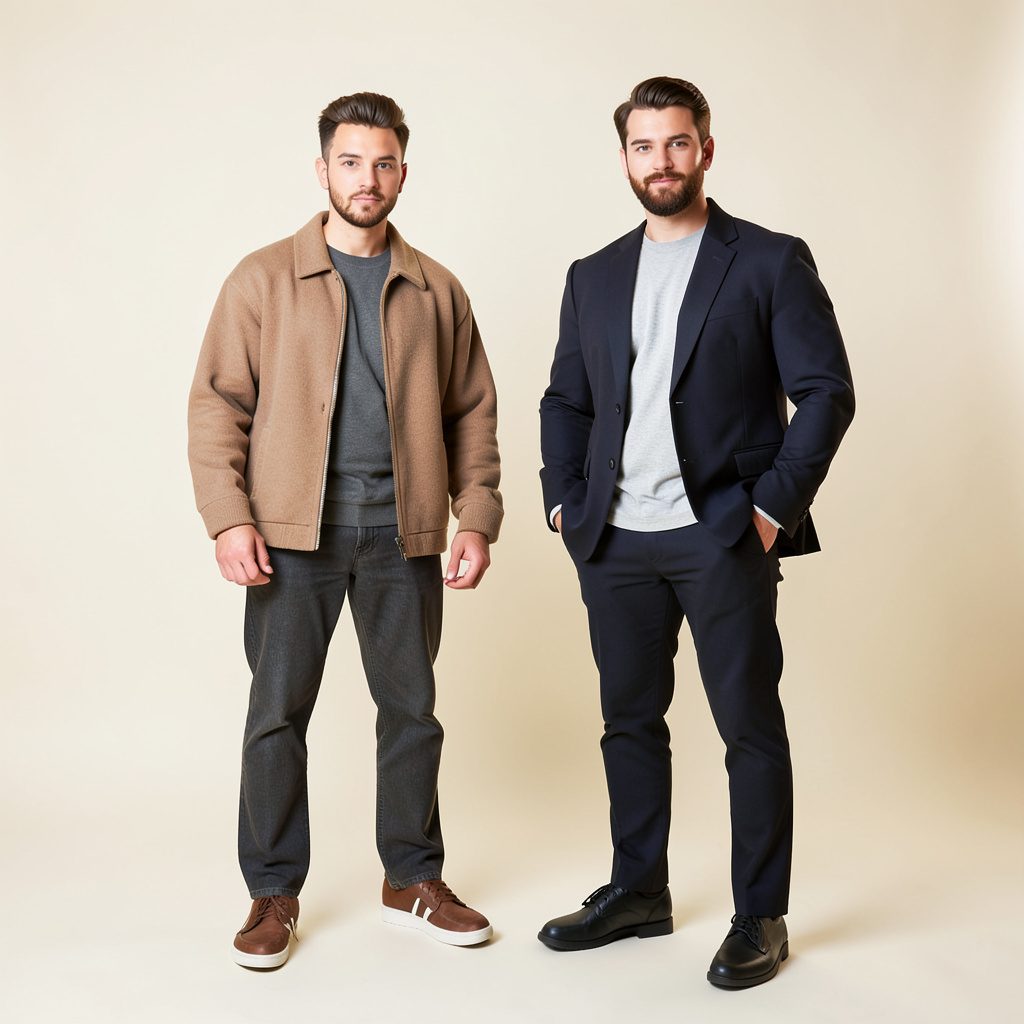 Studio photograph of two designers from DAY Studio, collaborative and modern, against a clean cream backdrop
