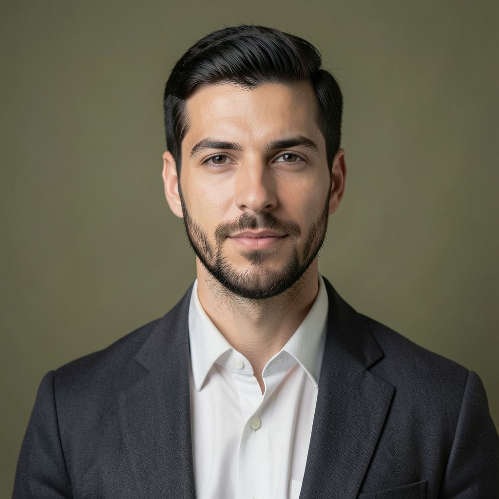 Studio portrait of a male designer against a muted olive backdrop, focused and creative, soft diffused light
