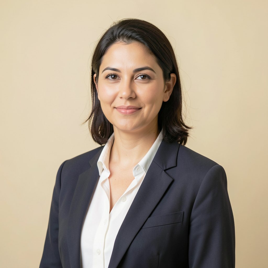 Studio portrait of a woman curator against a warm cream backdrop, composed and professional, soft natural lighting