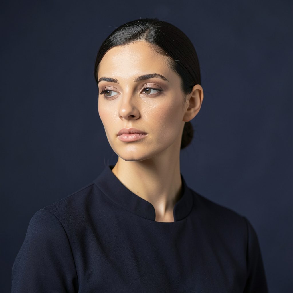 Studio portrait of a female designer against a muted navy backdrop, serene and focused, soft directional light