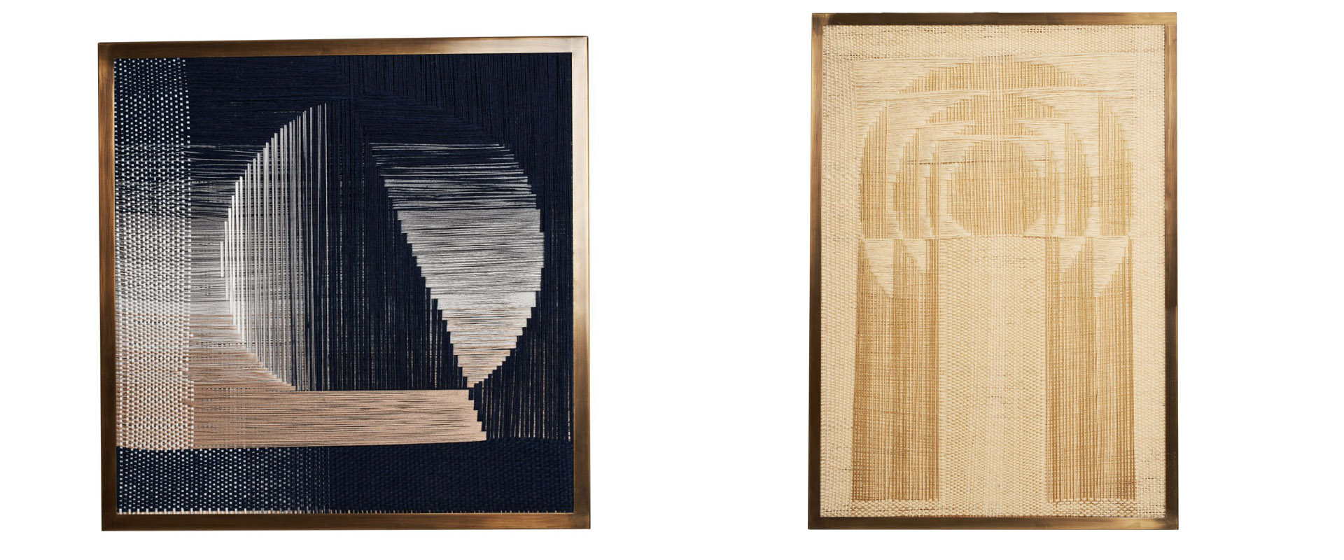 Two framed woven textile wall art pieces, one with navy and silver geometric shapes, the other with a tan woven arch design