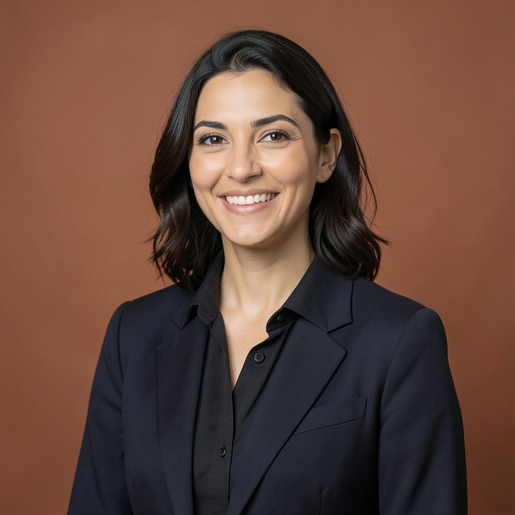 Studio portrait of a female designer against a warm terracotta-toned backdrop, creative and approachable