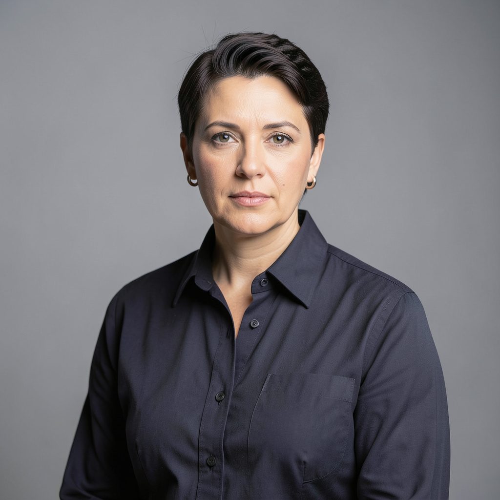 Portrait of Aslı Smith, warm natural light on a neutral backdrop, calm and thoughtful expression