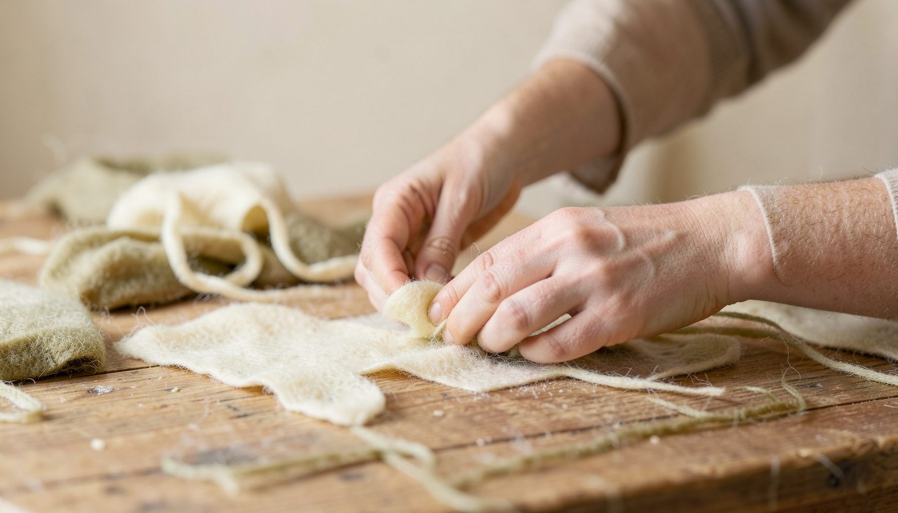 Hands working natural felt fibers on a wooden table, in soft cream and olive tones, an intimate craft studio scene