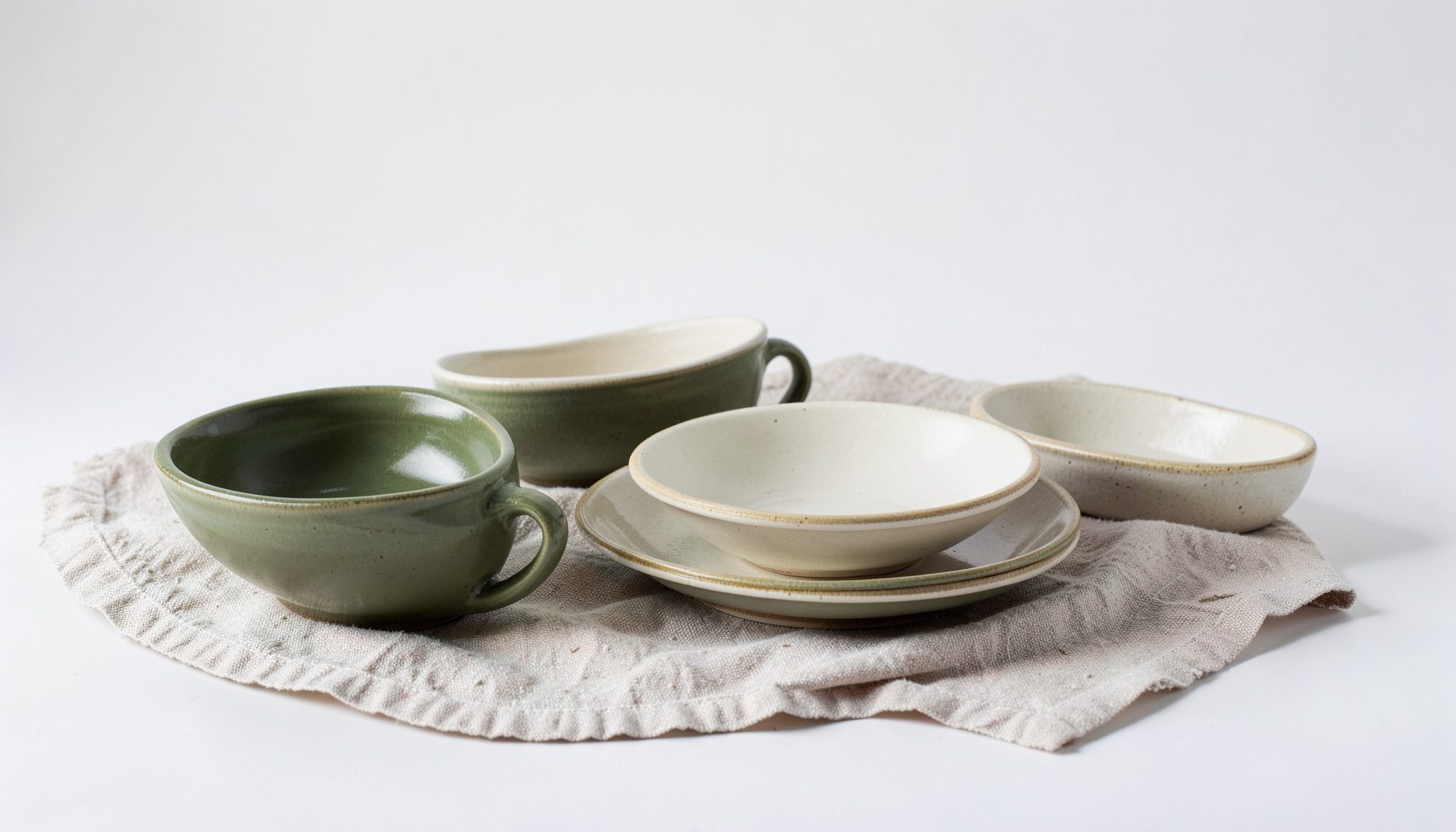 Ceramic tableware in muted olive and cream glazes, arranged on a textured linen cloth under soft daylight