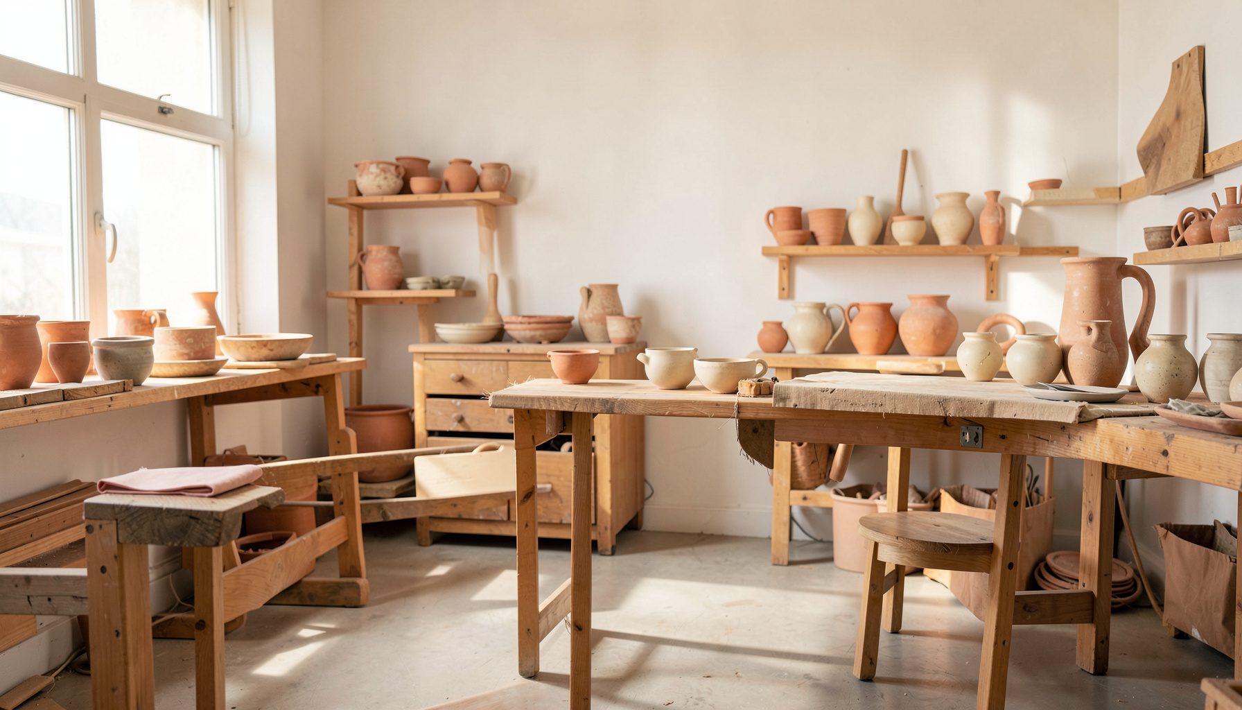 A sunlit workshop interior with wooden workbenches and handcrafted ceramic pieces in warm terracotta and cream tones